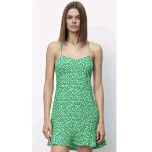 Zara Green Ditsy Floral Print Criss Cross Back Short Mini Dress Women's Medium - Picture 2 of 8